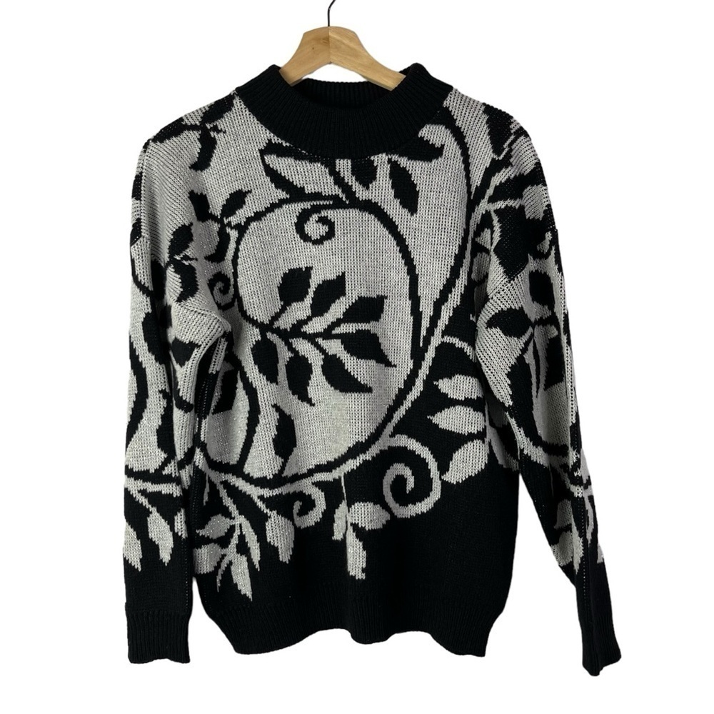 Vintage Rave Black &‎ Silver Metallic Leaf Print Pullover Sweater S
